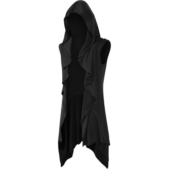 Men Black Long Hooded Cardigan Ruffle Shawl Collar Open Front